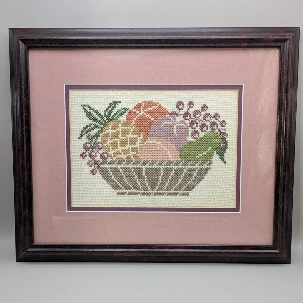 Vintage Handmade Fruit Bowl Cross Stitch Framed Wall Art Kitchen Decor 15x12